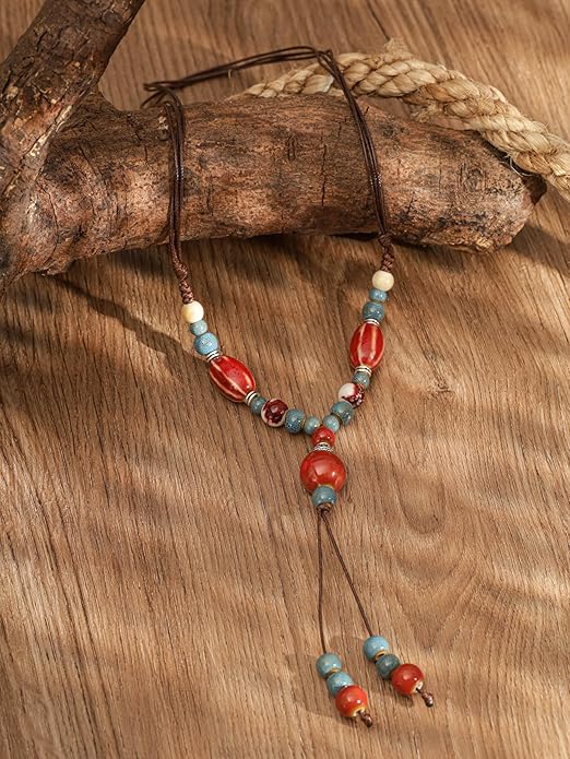 MINACHI Vintage Bohemian Ethnic Colorful Ceramic Bead Long Y Necklace, Hippie Boho Summer Fashion Jewelry Gift for Women