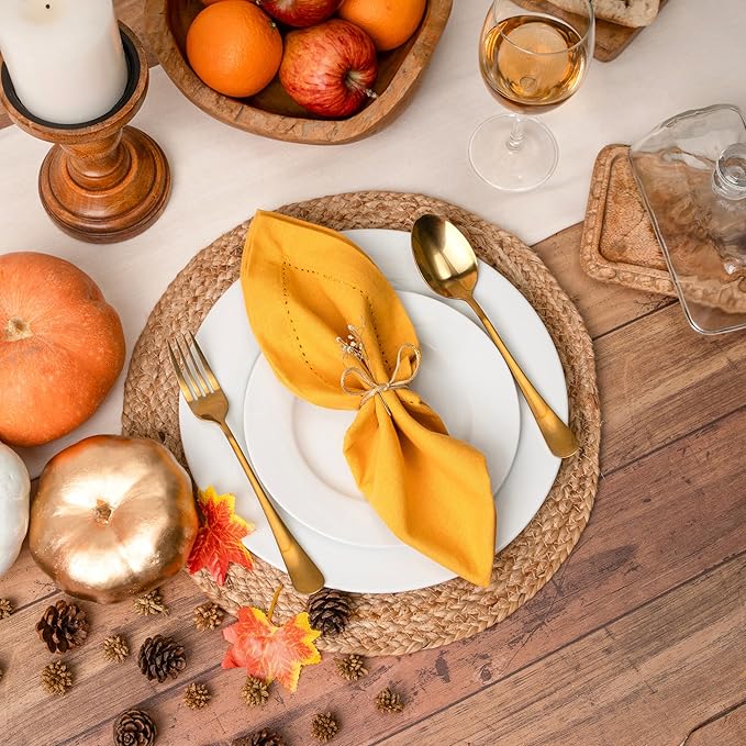 Blue Needles Set of 6 Hemstitch Linen Napkins 100% Cotton Golden Yellow Cloth Dinner Napkins 18x18 inches, Soft, Reusable Absorbent Washable, Ideal for Fall Thanksgiving Events, Parties & Everyday Use