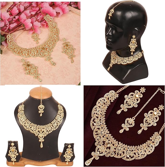 Touchstone Indian jewelry set for women bollywood gold jewellery wedding outfits necklace sets earrings bridal maang tikka fancy costume girls big desi accessories rhinestone in gold or silver tone
