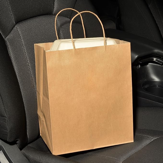Prime Line Packaging Brown Paper Bags, Medium Shopping Bags with Handles for Small Business, To Go Food, Grocery, Retail, Party Favors, 10x6.75x12, 100 Pack
