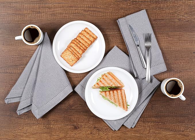 LFH Home Hemstitched Cloth Dinner Napkins 18x18 Inch Set of 12 - Reusable 100% Cotton Machine Washable Cocktail Napkins with Metered Corners for Daily, Party, Wedding, Bar Use - Ash Grey
