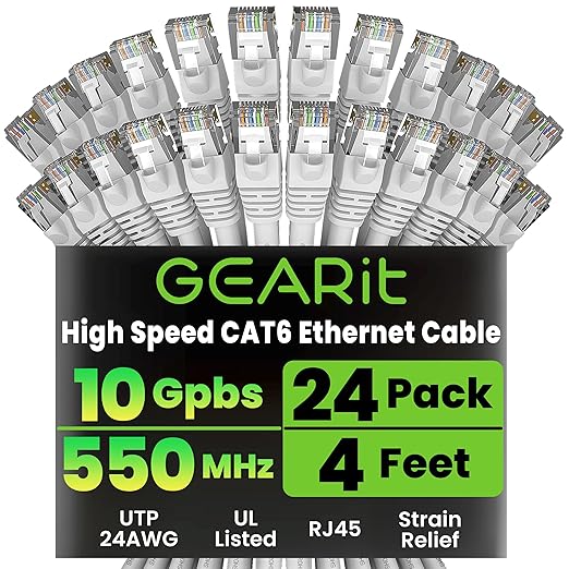 GearIT Cat 6 Ethernet Cable (24-Pack 4 Feet) Cat6 Network Patch, 10Gbps, RJ45, Snagless Cord, Gold-Plated Connectors, Internet for PC, TV, Tablet, Router, Printer, Servers, IT Data Center - White