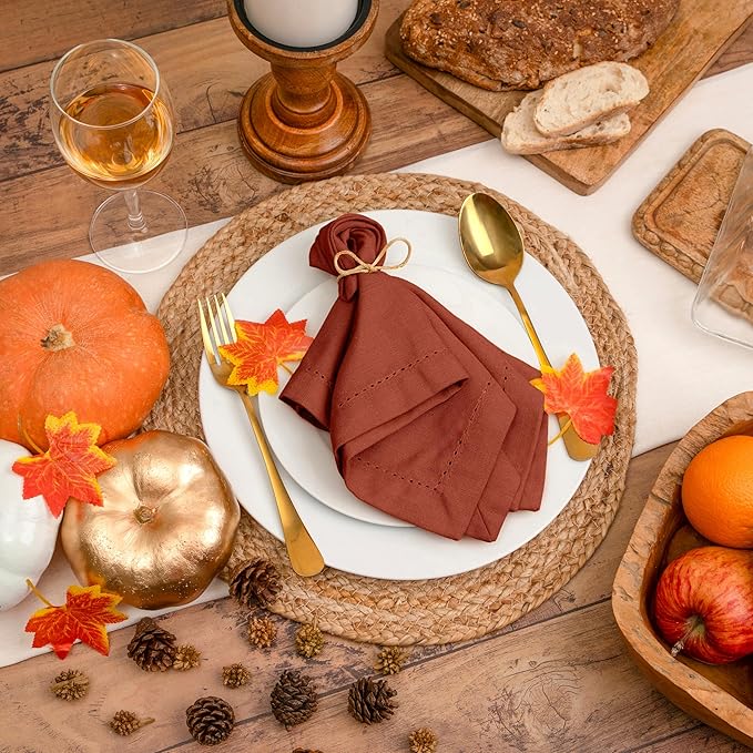 Blue Needles Set of 6 Hemstitch Linen Napkins 100% Cotton Rust Cloth Dinner Napkins 18x18 inches, Soft, Reusable, Absorbent, Washable, Ideal for Fall Thanksgiving Events, Parties & Everyday Use