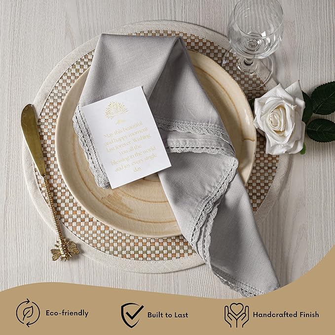 Ramanta Home Linen Flax Cloth Napkins Set of 12| 18x18 Inch | Premium Cotton Linen Flax Lace Soft & Durable | Washable Ideal for Everyday Use Parties Thanksgiving Christmas Halloween Grey