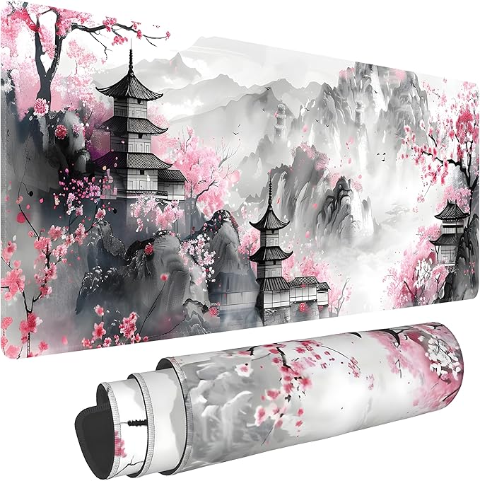 Japanese Cherry Blossom Large Mouse Pad,Gaming Keyboard Desk Pad,Extended Mouse Mat Non-Slip Rubber Base with Stitched Edges for Office Game Home XL 31.5"x11.8"