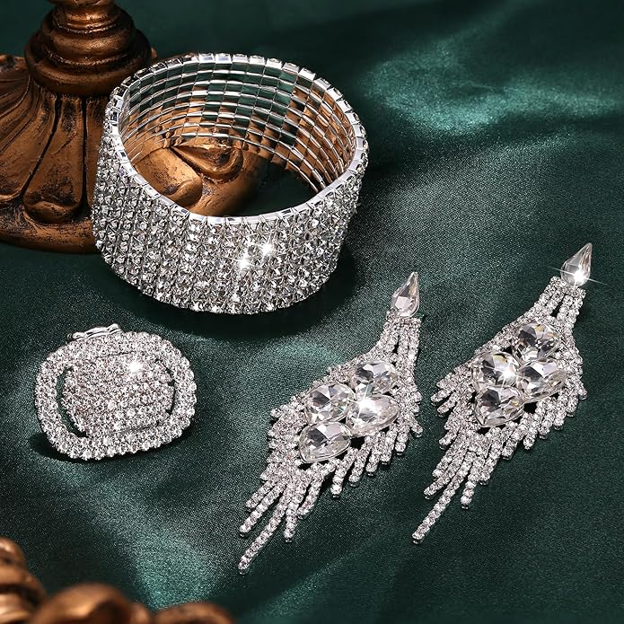 Sllaiss Rhinestone Bridal Jewelry Set for Women Sparkling Rhinestone Stretch Bracelet Ring Dangle Tassel Earrings Set Costume Jewelry