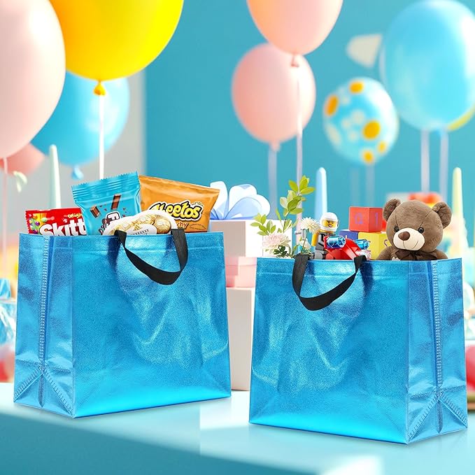 KeerxunBag 12Pcs Reusable Gift Bags（Includes Tissue Paper） Gift bag with handle Birthdays Parties Holidays Weddings Medium 13x5x11in cyan Bags