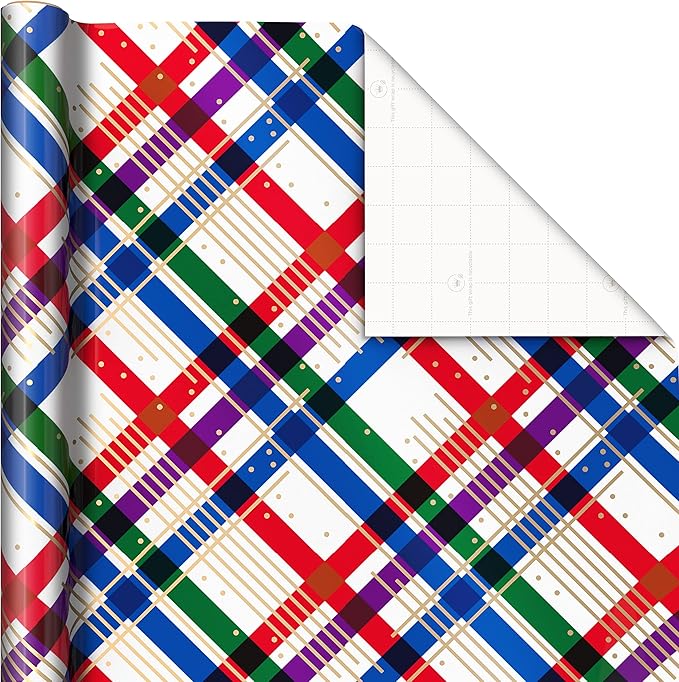 Hallmark Modern Christmas Wrapping Paper with Cutlines on Reverse (3 Rolls: 120 Sq. Ft. Total) Gold Snowflakes on Purple, Jewel-Tone Trees, Plaid Stripes