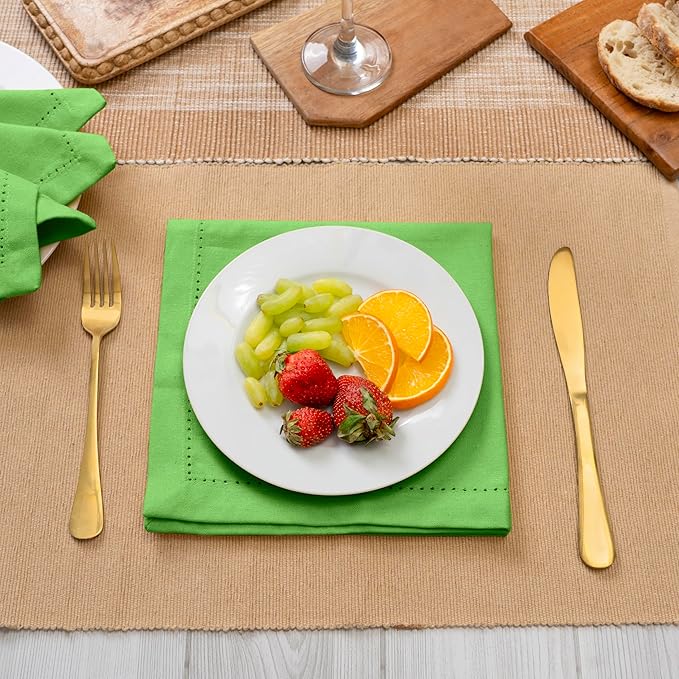 Blue Needles Set of 12 Hemstitch Linen Napkins 100% Cotton Apple Green Cloth Dinner Napkins 18x18 inches, Soft, Reusable, Absorbent, Washable, Ideal for Fall Thanksgiving Events Parties & Everyday Use