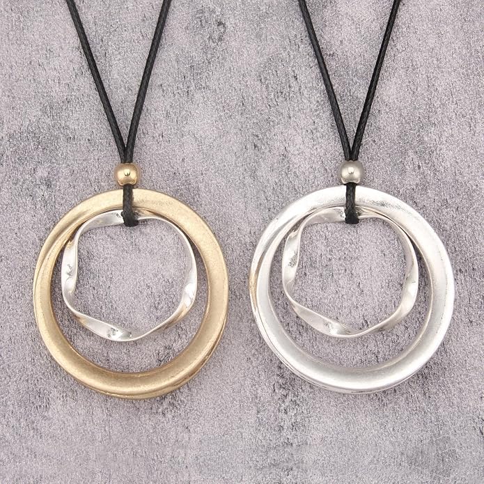 Boho Leather Necklace Women Bohemian Brown Circle Pendant Necklace Choker Long Necklaces for Women Boho Ring Large Pendant
