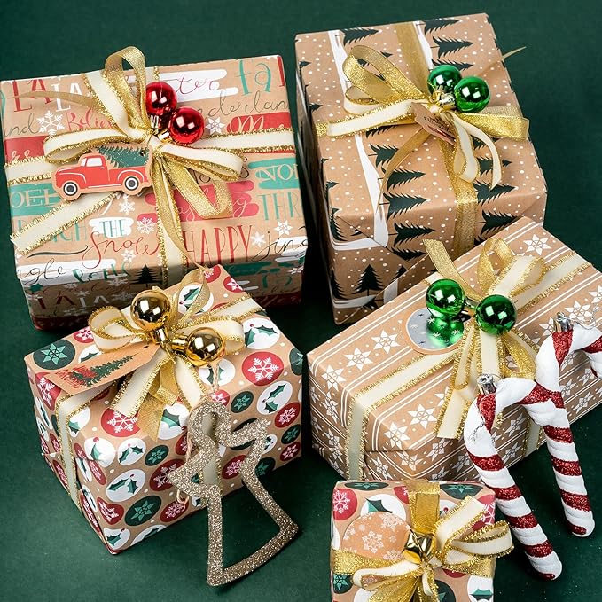 RUSPEPA Christmas Wrapping Paper, Kraft Paper - Christmas Tree, Snowflake and Seasonal Brocade Style Designs - 4 Rolls - 30 inches x 10 feet per Roll