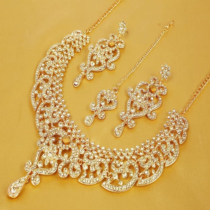 Touchstone Indian jewelry set for women bollywood gold jewellery wedding outfits necklace sets earrings bridal maang tikka fancy costume girls big desi accessories rhinestone in gold or silver tone