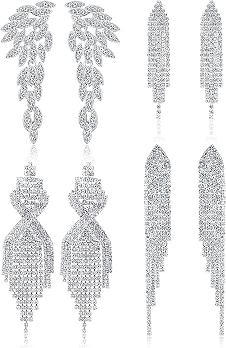 THUNARAZ 4 Pairs Silver Clip on Earrings for Women, Sparkly Rhinestone Tassel Chandelier Teardrop Dangle Earrings for Brides Bridesmaids Non Pierced Prom Jewelry Set