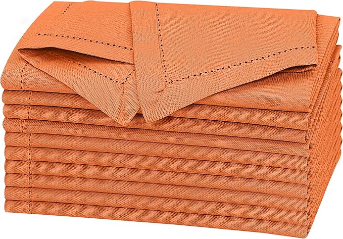 Ruvanti Premium Linen Napkins Set of 4-20x20 Inch, Classic Hemstitch, Mitered Corner Cloth Napkins ‎‎- Soft, Elegant Dinner Napkins Cloth Washable for Weddings, Parties, Everyday Use - Fall/Orange