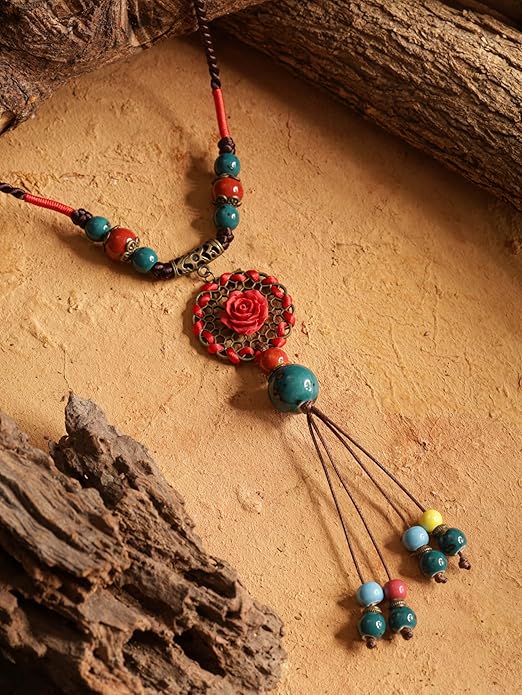 MINACHI Vintage Bohemian Colorful Ceramic Bead Antique Flower Y Necklace, Vintage Boho Hippie Statement Jewelry Gift for Women
