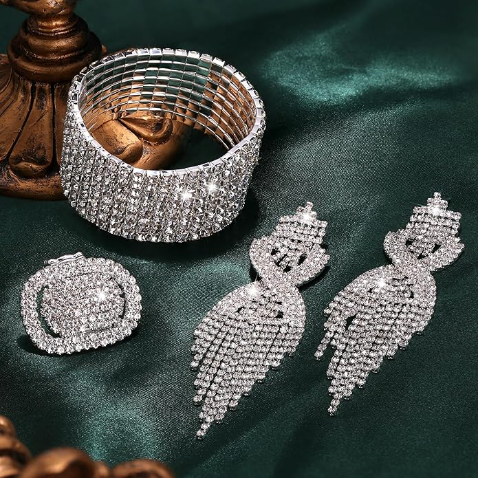 Sllaiss Rhinestone Bridal Jewelry Set for Women Sparkling Rhinestone Stretch Bracelet Ring Dangle Tassel Earrings Set Costume Jewelry