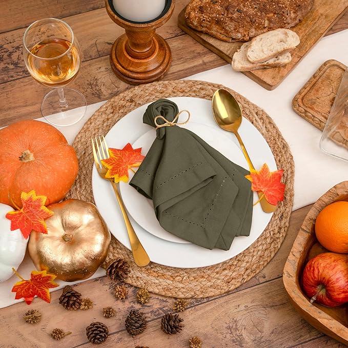 Blue Needles Set of 12 Hemstitch Linen Napkins 100% Cotton Olive Green Cloth Dinner Napkins 18x18 inches, Soft, Reusable, Absorbent, Washable Ideal for Fall Thanksgiving Events, Parties & Everyday Use
