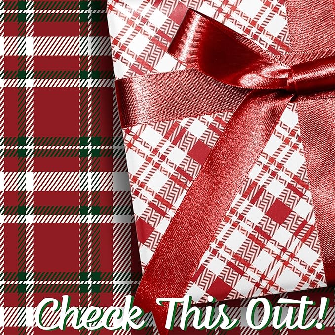 LaRibbons Reversible Christmas Wrapping Paper Roll, Classic Red & White Tartan Plaid Gift Wrap for Christmas, Holiday, Winter Party, 17 Inch x 33 Feet