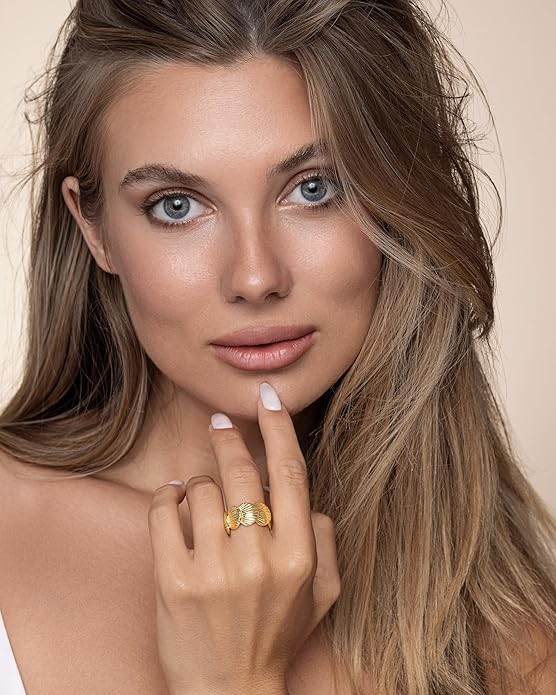 Gold Large Chunky Dainty Shell FULLY ADJUSTABLE Open Ring for Women by SNGIA, Summer Beach Handmade Adjustable Seashell Ring, Minimalist Stackable Ocean Themed Wedding Date Birthday Gift, Bold Exaggerated Irregular Wavy Trendy Ribbed Jewelry, Textured ...