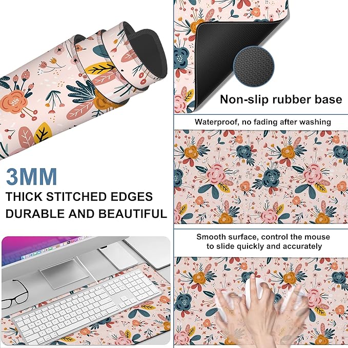 Gaming Desk Pad Large Extra Length Hand Drawn Floral Mouse Pad Keyboard Laptop Non-Slip Waterproof with Rubber Base Thick Stitched Edge Mouse Mat for Office Home 35.4 x 15.7 Inches
