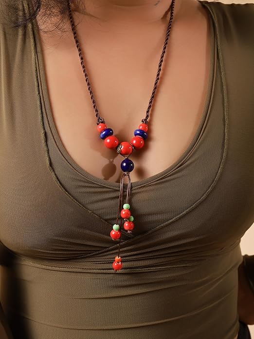MINACHI Vintage Bohemian Ethnic Colorful Ceramic Bead Long Y Necklace, Hippie Boho Summer Fashion Jewelry Gift for Women