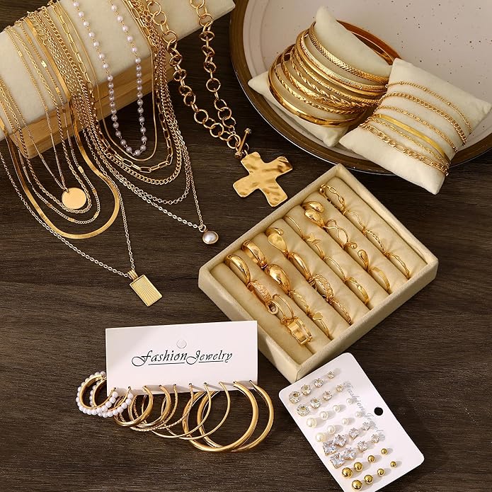 FANDY 137 Pieces Gold Jewelry Set for Women, 12 Necklace, 14 Bracelet, 21 Earrings, 24 Knuckle Rings, 66 Hair Accessory Gold Plated Jewelry Set for Women Gift