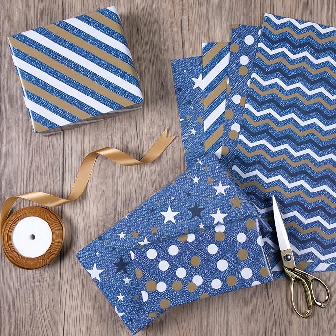 PlandRichW Denim Blue Wrapping Paper Folded for Man Boys Girls Birthday, Vintage Blue Gift Wrap for Father's Day, Christmas, Wedding, Party Holiday, Pre-cut 12 Sheets Each 20" X 29"