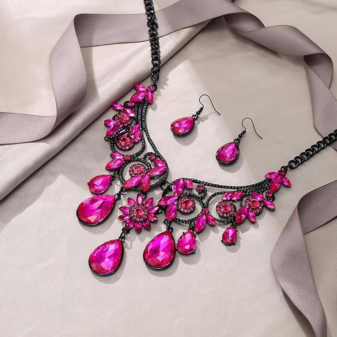 BriLove Women's Tribal Ethnic Crystal Chunky Statement Necklace Dangle Earrings Set
