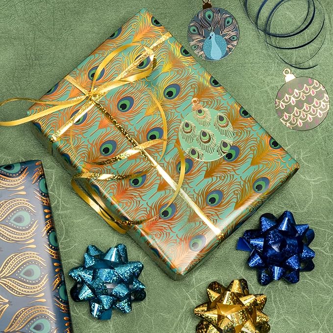 WRAPAHOLIC Peacock Christmas Wrapping Paper Set - Green Peacock Elements Patterns with Metallic Foil Shine Wrapping Paper Bundle with Gift Bow & Ribbon & Tag & Sticker