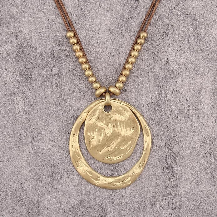 Boho Leather Necklace Women Bohemian Brown Circle Pendant Necklace Choker Long Necklaces for Women Boho Ring Large Pendant