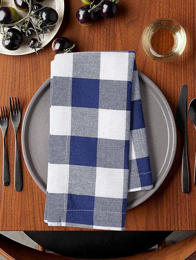 LFH Home 100% Cotton Cloth Reusable Dinner Napkins Set of 12 Washable Soft Decorative Buffalo Plaid Gingham and Checkered Table Napkins for Holidays Wedding Farmhouse Decor 18x18 Inch - Blue & White