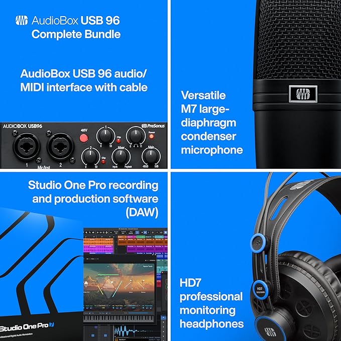 PreSonus AudioBox USB 96 Bundle — USB Audio Interface, XLR Interface for Guitar, Device for PC & Mac, Complete Recording Package with Studio One Pro, Music Production, Home Studio