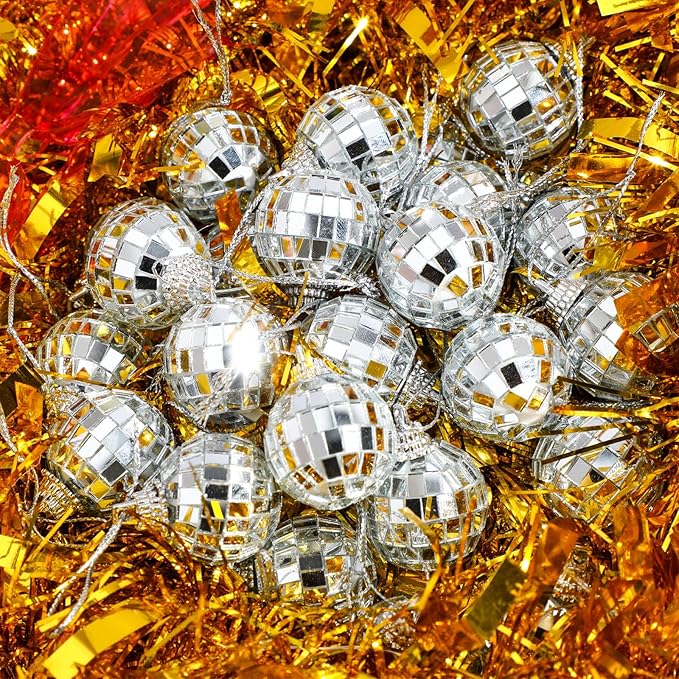 Lenwen 100 Pcs 1.2 Inch Mini Disco Balls Ornaments Hanging Disco Party Decorations Bulk 70s Reflective Silver Mirror Ball for Party Decor Supplies Tree Wedding Birthday Props Mardi Gras