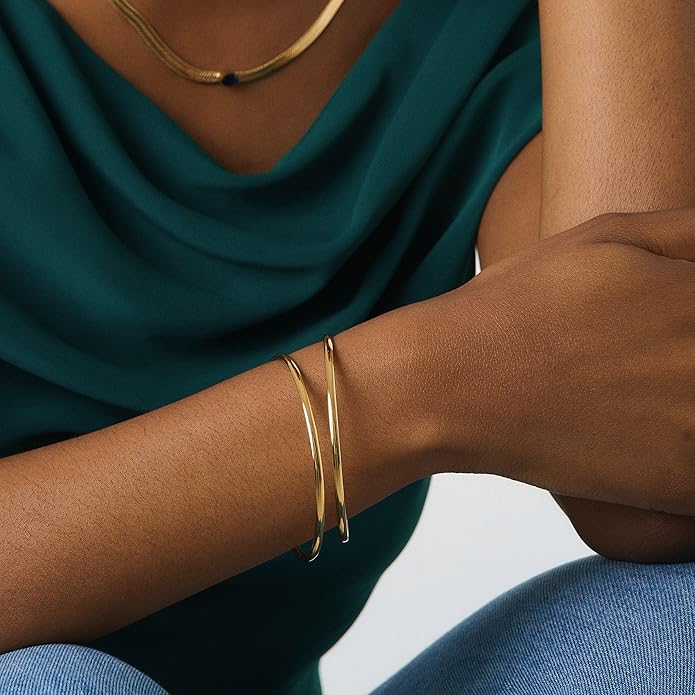PERNNLA PEARL Dainty Gold Bar Bracelet for Women Simple Delicate Thin Cuff Bangle Hook Bracelet 18K Gold Plated Handmade Minimalist Jewelry