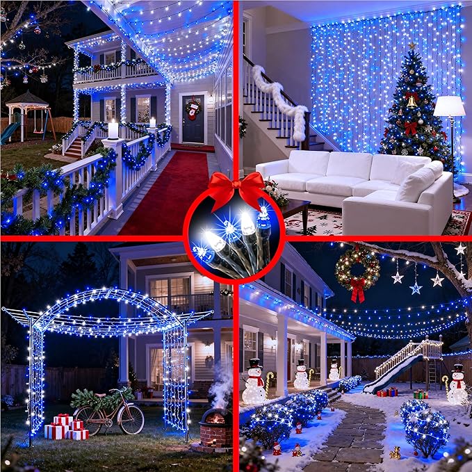 750 LED 256ft Outdoor Christmas Lights, Super Long String Light 8 Modes Timer Memory, Outsite Waterproof Dark Green Wire Fairy Light String for Xmas Tree Wedding Holiday Party Decorations Blue & White