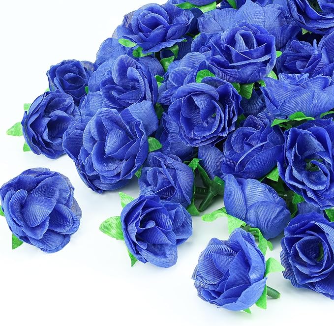 100pcs Blue Roses Flower Bulk Fake Mini Blue Rose Heads Artificial Flower Blue Roses for Crafts Romantic Home Party Decor 1.3 Inch