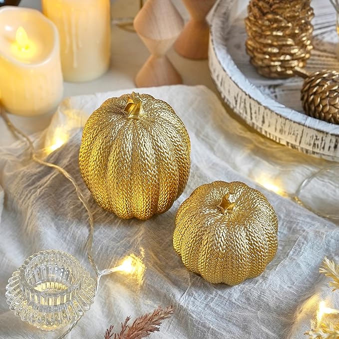 Pumpkin Fall Decor Indoor - Gold Pumpkin for Decorating, 2Pcs Resin Pumpkins Decor with Woven Effect, Thanksgiving Table Centerpiece, Fireplace, Autumn Harvest Party Decorations