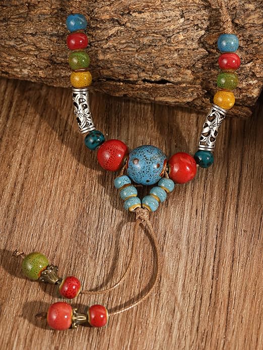 MINACHI Vintage Bohemian Ethnic Colorful Ceramic Bead Long Y Necklace, Hippie Boho Summer Fashion Jewelry Gift for Women