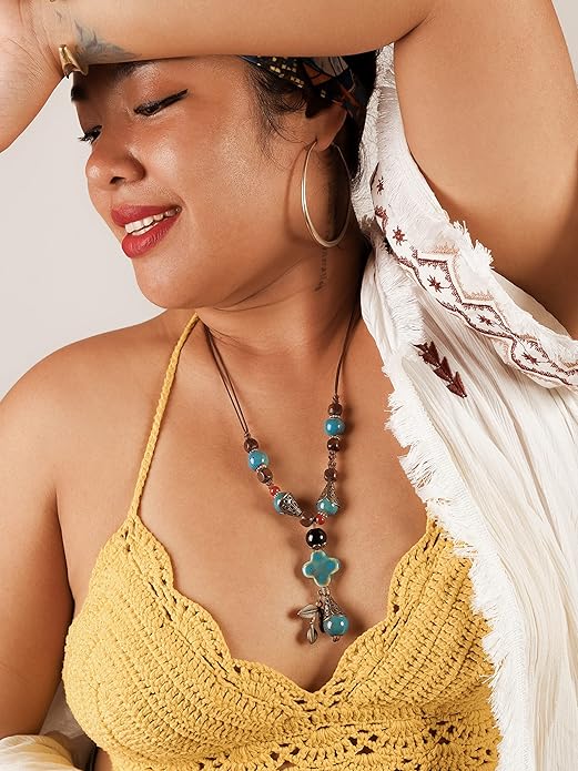 MINACHI Vintage Bohemian Ethnic Colorful Ceramic Bead Long Y Necklace, Hippie Boho Summer Fashion Jewelry Gift for Women