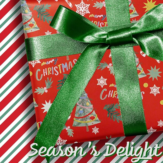 LaRibbons Reversible Christmas Wrapping Paper Roll, Classic Christmas Tree Design with Candy Canes & Snowflakes, Red Holiday Gift Wrap Paper for Xmas, Season Party Celebration, 17 Inch X 33 Feet