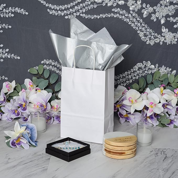 Prime Line Packaging White Paper Bags, Mini Gift Bags with Handles for Small Business, Shopping, Boutique, Merchandise, Party Favors, Bulk, 6x3x9, 100 Pack