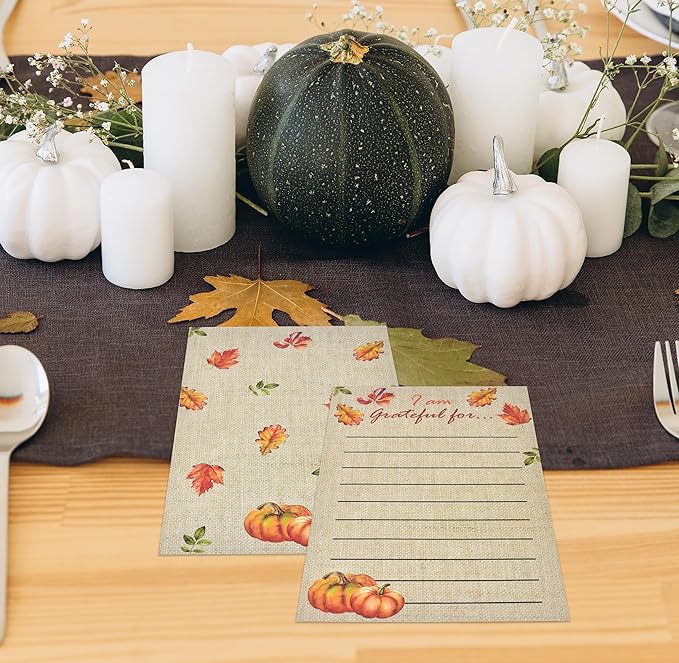 50 Pcs Thanksgiving Place Cards - Fill-in Gratitude Cards for Autumn Dinner, Fall Party, Wedding, Harvest Decor, I Am Thankful For, Fall Table Setting