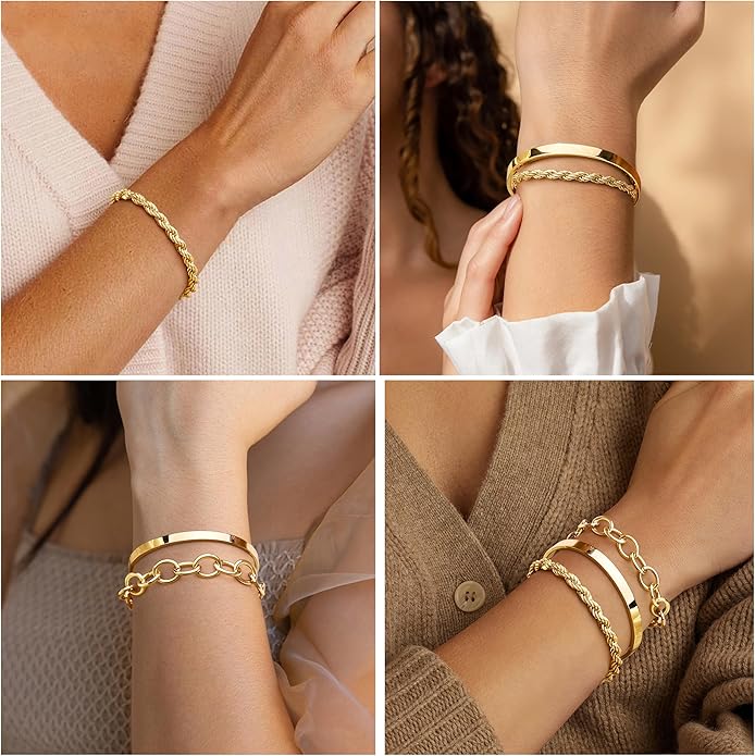 Chunky Gold Bracelets Stack for Women Non Tarnish, Waterproof 14K Gold Plated Bangle Cuff Bracelets Set for Women Trendy Thick Layered Cuban Link Chain Paperclip Rope Stackable Bracelet for Jewelry Gifts