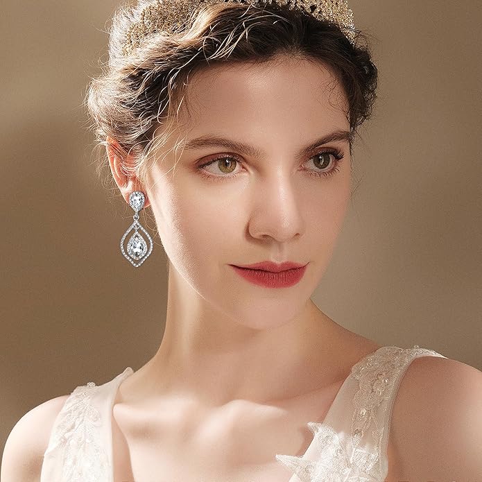 Jstyle 4 Pairs Silver Clip on Earrings for Women Elegant Rhinestone Clip on Earrings Dangle Drop for Brides Bridesmaids Non Pierced Earrings Set
