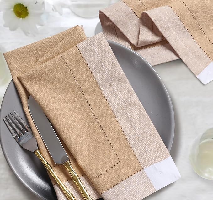 Homidate Cotton Cloth Napkins Set of 12 – 20x20 Beige Multi Double Hemstitched – Machine Washable Dinner Napkins for Weddings, Easter & Special Occasions