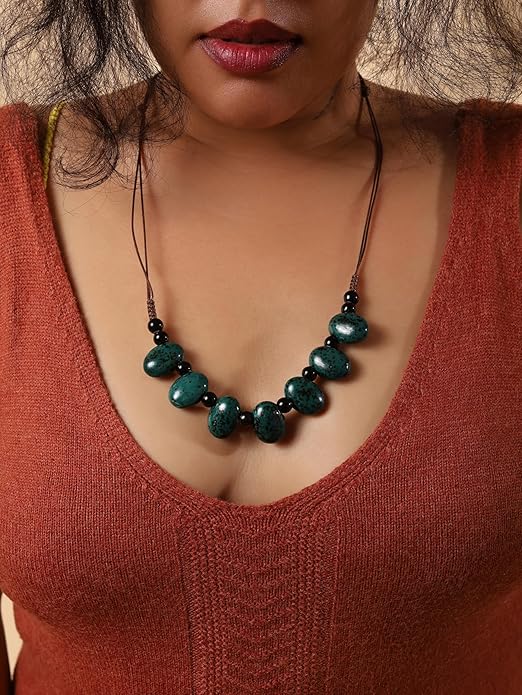 MINACHI Bohemian Hippie Colorful Ceramic Geometric Bead Strand Necklace, Vintage Boho Statement Jewelry Gift for Women