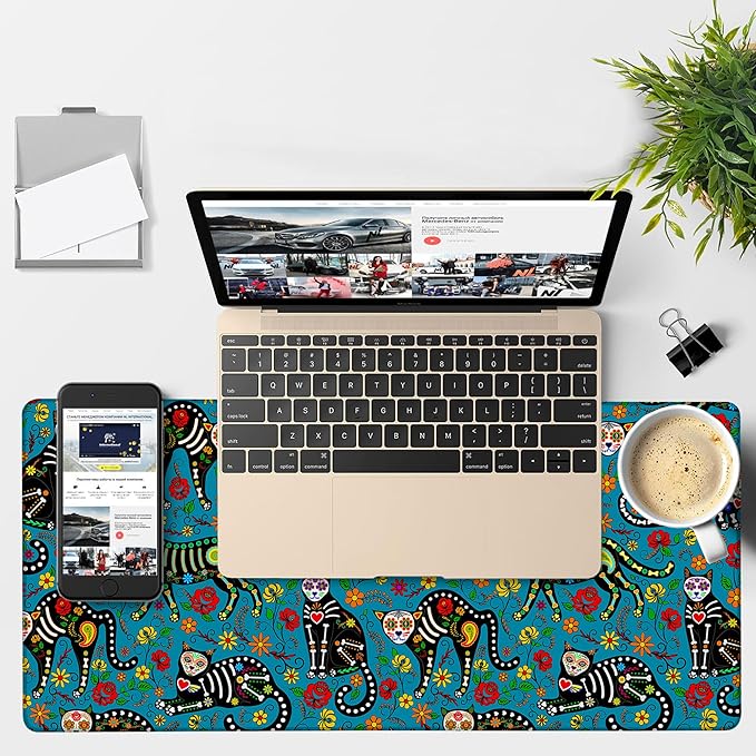 Sugar Skull Black Cats Gaming Mouse Pad 3mm Thick Stitched Edge Waterproof Non-Slip Large Computer Keyboard Mouse Mat,Suitable for Office Entertainment Decorative Desk Pad 35.4 x 15.7 Inches