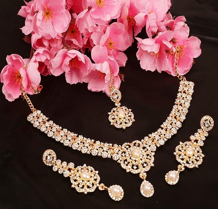 Touchstone Indian jewelry sets for women gold wedding tikka necklace set guest costume fancy bridal jewellery rhinestone crystal elegant formal prom evening wear dainty accessories