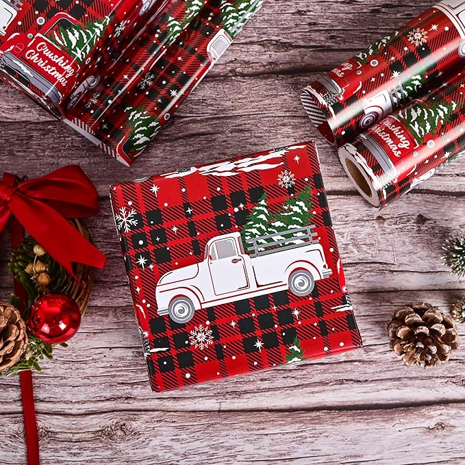 Vnaaem Funny Christmas Wrapping Paper Roll for Adult Men Women - Red Black Buffalo Plaid Xmas Truck Crushing Christmas Gift Wrap Sheets for Holiday, Baby Shower, Party Supplies(Total 28.5sq.ft)