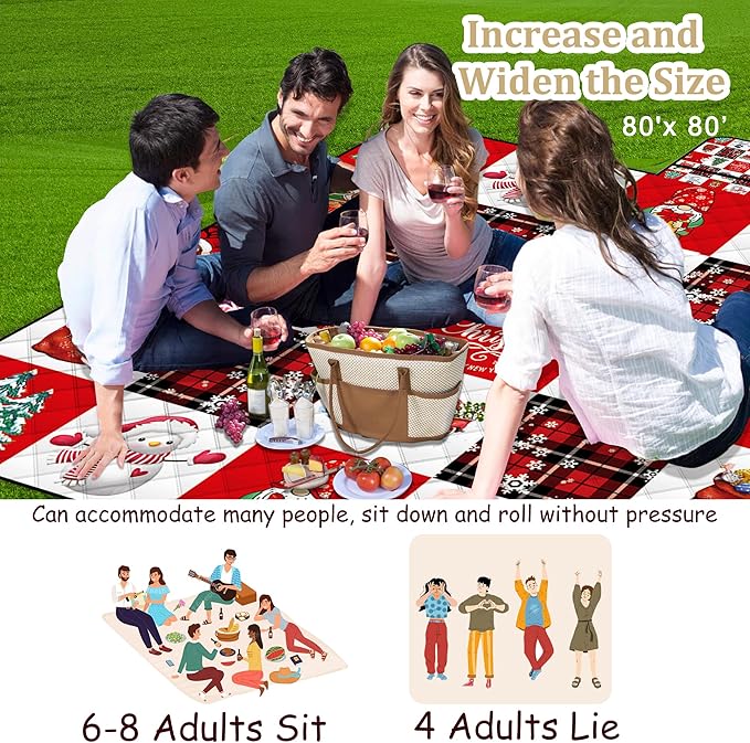 Poedist Extra Large Picnic Blanket Waterproof,80"x 80"Foldable Machine Washable Beach Blanket,Outdoor Blanket for 6-8 Adults,Suitable for Crawling,Park Beach,Camping,Hiking,Family,Merry Christmas